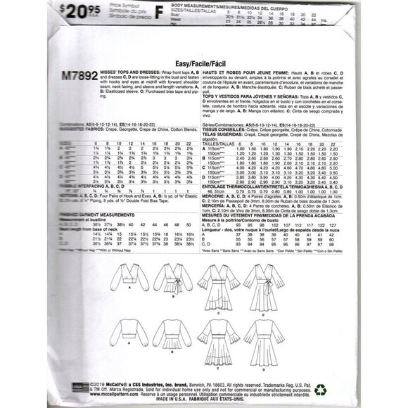 McCall's M7892 Misses 6 to 14 Surplice Tops and Dress Uncut Sewing Pattern New - Picture 2 of 2